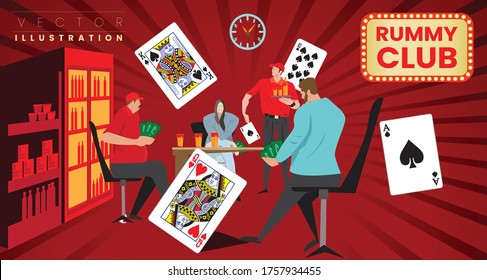 MODERN Rummy club people playing cards, drinking alcohol and having fun while sitting  and gambling , money bet game.