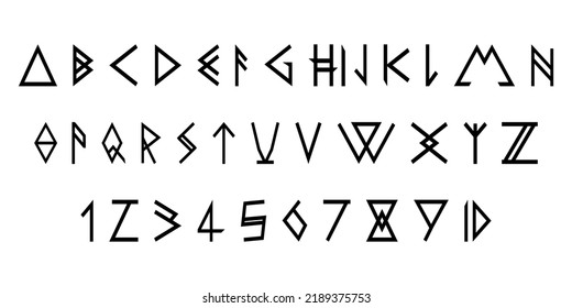 Modern runic font, alphabet and numbers. Vector illustration isolated on white background.