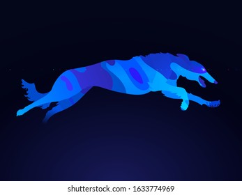 Modern runing dog isolated on black. Wavy jumping cartoon domestic animal vector flat illustration. 
