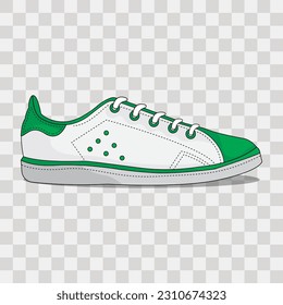 Modern running casual green sneakers vector illustration. Fashionable footwear side view. Youth shoes with isolated background.