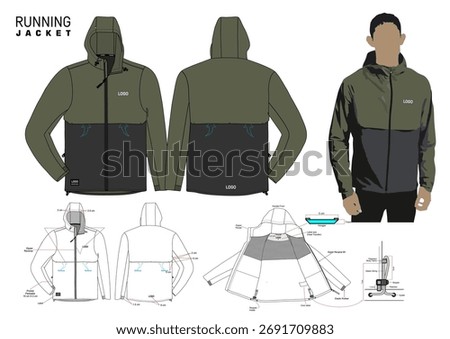Modern running jacket design template with hood, ventilation system, and color-block style. Perfect for sportswear, outdoor fashion, or apparel production mockups.