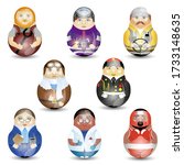Modern Russian kawaii dolls for your business project. Collection of professions. Multiracial.