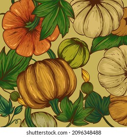 Modern rustic closeup of autumn yellow pumpkin. Light background. Vector isolated illustration. Vintage print. Decorative print. Trendy art. Organic vegetable. Line art.