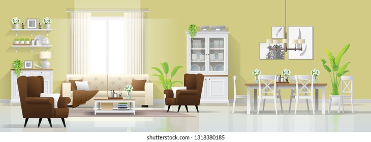 Modern rustic house interior background with living and dining room combination , vector , illustration