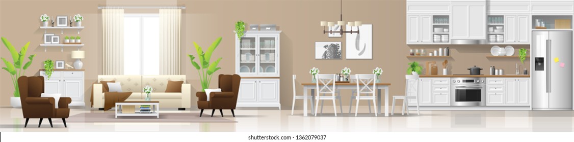 Modern rustic house interior background with living room , dining room and kitchen combination , vector , illustration