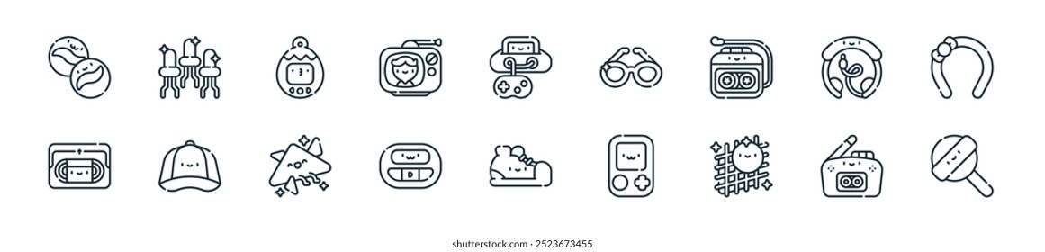 moderno s icon pack. perfeito para projetos de ui lineares com vetor lollipop, rádio, estilo memphis, console portátil, sapatos, beeper, estilo memphis e mais ícones para aplicativos móveis e web.