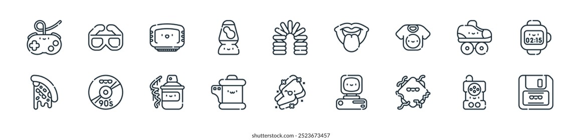 modern s icon pack. perfect for linear ui designs featuring vector diskette, walkie talkie, memphis style, pc, memphis style, camera roll, spray paint and more icons for mobile and web apps.