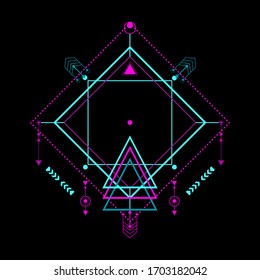Modern sacred geometric pattern on black background. Pink and Green linear shapes. You can use for tattoo, print, posters, t-shirts, textiles, background