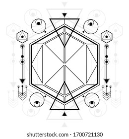 Modern sacred geometric symbols on white background. Black linear shapes. You can use for tattoo, print, posters, t-shirts, textiles, background.
