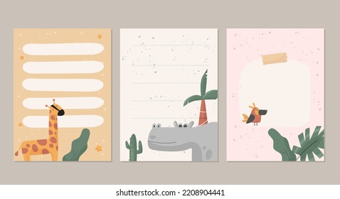 Modern safari animals cards set, birthday background with dog, cat and mouse, minimal scandinavian design, empty place for text. Vector illustration