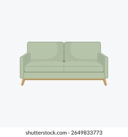 Moderno sofá verde sábio com pernas de madeira de carvalho e almofadas de creme macio, estilo minimalista e elegante, isolado em fundo branco, perfeito para conceitos de design de interiores e catálogos.