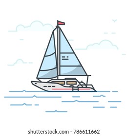 Modern Sail Yacht In The Sea. Trendy Line Vector Illustration. Big Boat On Water. Oceanic Ship Traveling Concept. Water Transport.