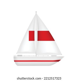 Modern sailing boat for travel in sea realistic isolated on white background. Sailboat ship yacht vessel for marine trip. Transport for ocean voyage. 3d vector illustration