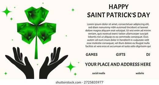 Modernes Saint Patrick's Day Banner für horizontale Anzeigen. Moderne Vektor lebendige Farbe Farbverlauf grünes Klee in schwarzen Händen. Perfektes zelt irische Party Promotion Banner mit fett Feiertagsbotschaft. EPS 10