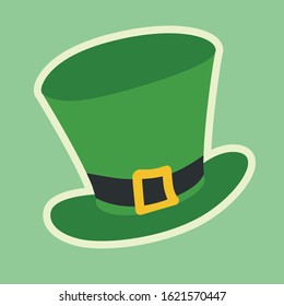 Modern Saint Patricks hat on pastel green background, flat illustration. Happy Saint Patrick day. Simple Hand drawn vector illustration. Sticker, emblem or icon. 

