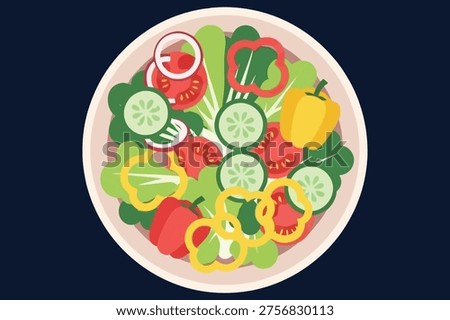 Modern Salad Meal Flat Icon Illustration with Vegetables, White Background
