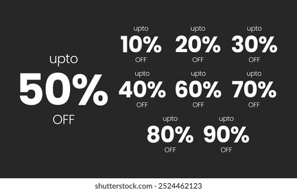 Modern sale banner with bold typography offering discounts of 10%, 20%, 30%, 40%, 50%, 60%, 70%, 80%, and 90% off. Perfect for promoting seasonal sales, clearance events, and special offers.