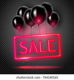 Modern Sale Banner With Bright Pink Neon Sign And Flying Black Air Balloons. Vector Illustration For Your Graphic Design.