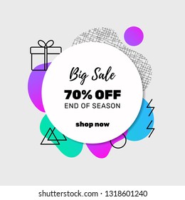 Modern sale banner template design with memphis pattern elements and icons. Big Sale. 70% off. End of Season. Vector.