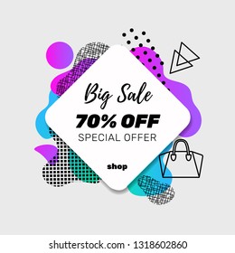 Modern sale banner template design with memphis pattern elements and icons. Big Sale. 70% off. Vector.