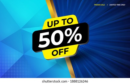 Modern sale banner template design with blue abstract background, up to 50% off. Promotion concept for discount. Vector illustration