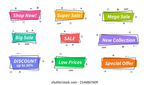 Modern sale banners set. Hipster arrival stickers, text sale label design with memphis shapes. Color frames, modern discount exact vector tags