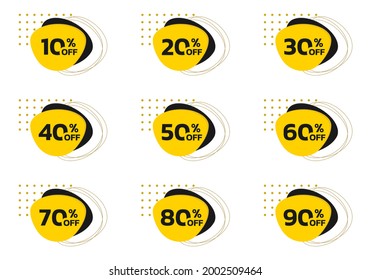 Modern sale or discount badge, label, sticker set. 10, 20, 30, 40, 50, 60, 70, 80, 90 percent price off icons with abstract geometric shapes. Promo banner design templates. Vector illustration.
