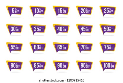 Modern Sale and Discount Price Tag 5, 10, 15, 20, 25, 30, 35, 40, 45, 50, 55, 60, 65, 70, 75, 80, 85, 90, 95, 100 Percent Off Sale Vector Illustration.
