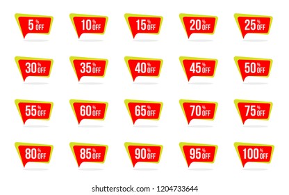 Modern Sale and Discount Price Tag Set 5, 10, 15, 20, 25, 30, 35, 40, 45, 50, 55, 60, 65, 70, 75, 80, 85, 90, 95, 100 Percent Off Sale Vector Illustration.