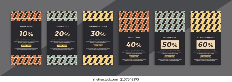 Modern sale and discount promo backgrounds for social media mobile app stories. Set of dark vertical promotional web banners with geometric pattern. Simple vector editable background EPS 10