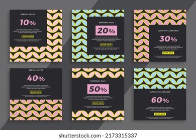 Modern sale and discount promo backgrounds for social media mobile applications. Set of dark square advertising web banners with geometric pattern. Simple vector editable background EPS 10