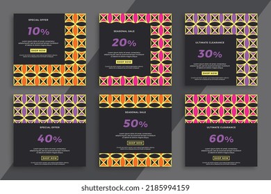 Modern sale and discount promo backgrounds for social media mobile applications. Set of dark square advertising web banners with geometric pattern. Simple vector editable background EPS 10