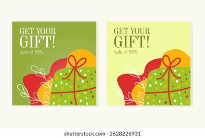 Modern sale illustration with "Get Your Gift!" message. Use for banners, social media posts, or print promotions