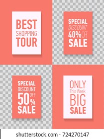 Modern sale posters. Vector illustrations for social media banners, posters, stickers, ads, promotional material. Discount card design. Illustration on transparent background.