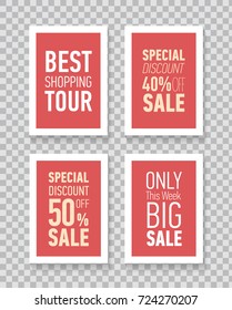 Modern sale posters. Vector illustrations for social media banners, posters, stickers, ads, promotional material. Discount card design. Illustration on transparent background.