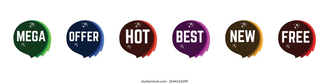 Modern Sale Promo Label Set – Free, New, Hot, Mega Offer Badges for Marketing