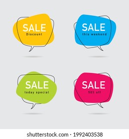 Juego de vectores de burbujas redondeadas de venta moderna. etiqueta de línea plana, pegatina, insignia, oferta, cartel, venta, descuento. colección de ilustraciones vectoriales. EPS 10
