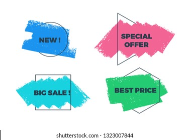 Modern sale sticker set. Vector flat style illustration of banner elements, discount collection, special offer. Sale website stickers on black ink brush stroke with frame isolated on white background.