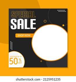 Modern sales banner template design for social media posts. Promotional banner for your business in black and yellow. Vector illustration.