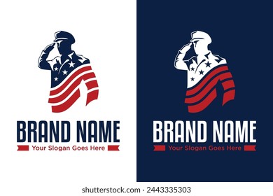 Moderne Saluting Army Soldat mit USA Flagge Illustration Vektor Logo Design