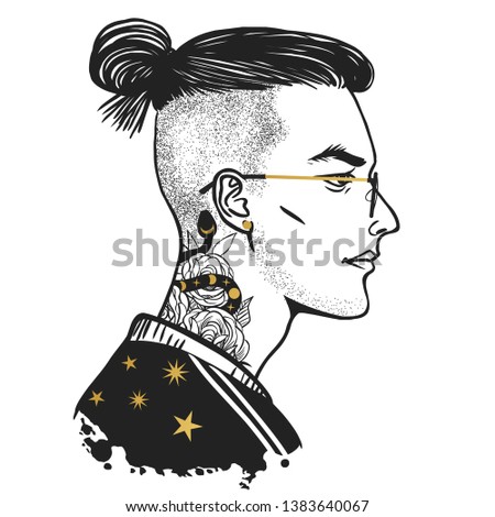 Modern samurai. Handsome asian guy. Vector illustration