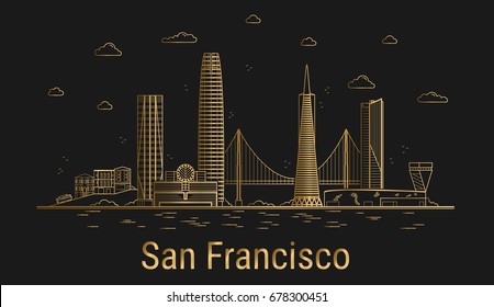 Modern San Francisco city line art, golden architecture vector illustration, skyline city, all famous buildings.