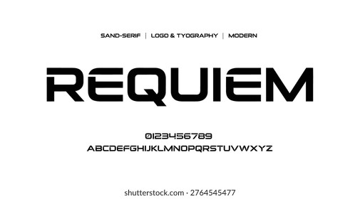 A modern sans-serif font with logo and typography design elements on a white background, featuring the word 'requiem' in large black letters, with alphabet and numbers below, and a clean, minimalist aesthetic.