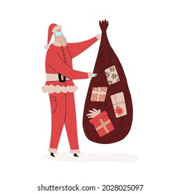 Modern Santa Claus in face mask and latex gloves holding a sack full of gifts. Christmas holidays during Covid-19 pandemic concept. Vector funny isolated illustration.