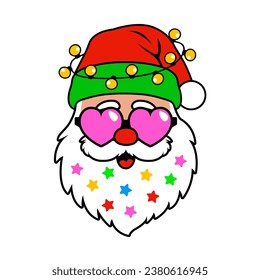 Modern Santa. Claus head with pink heart sunglasses, stars in beard, Christmas lights bulbs. Winter holiday season vector illustration. Isolated object on white background