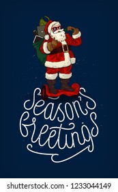 Modern Santa Claus on gyroboard and wearing sunglasses vector illustration with thin line season's greetings Christmas calligraphy