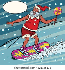 Modern Santa Claus rides on a snowboard