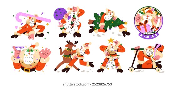 Modern Santa Claus set. Elderly Xmas man with elves carries New Year gifts, decorated Christmas tree, garland. Winter holiday character has fun. Flat isolated vector illustration on white background