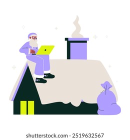 Modern Santa Claus sits on a snowy rooftop using a laptop. A gift sack is nearby, with a chimney in the background. Flat vector illustration representing Christmas preparations.