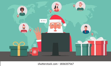 Modern Santa Claus sitting and using computer, connecting to people around the world with gifts on the table, flat vector illustration - Powered by Shutterstock - Get 15% off with code: PIKWIZARD15